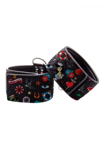 Printed Ankle Cuffs – Old School Tattoo Style – Black – Kajdanki na kostki z nadrukiem w stylu oldschool