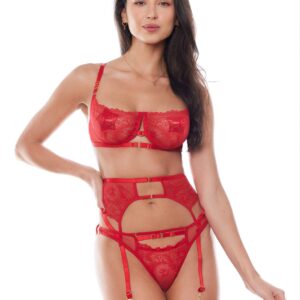 AMOURA SET RED (bra,belt,string/biustonosz, pas, stringi) L/XL