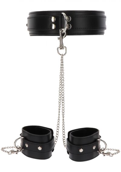 Heavy Collar and Wrist Cuffs Black – Czarny zestaw obroży i kajdanek na nadgarstki z łańcuchem
