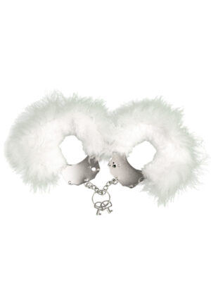 Kajdanki Śmieszna Zabawka Kadanki Metallic Handcuffs Feather Cover White – Metalowe kajdanki z białym futerkiem