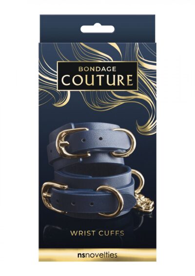 Bondage Couture Wrist Cuff Blue – Luksusowe niebieskie kajdanki na nadgarstki z wegańskiej skóry - obrazek 2